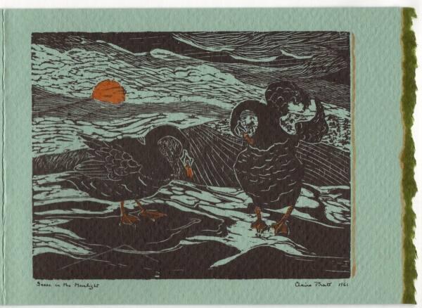 Claire Pratt (1921 - 1995)
Geese in the Moonlight  1961 (Christmas card)
wood engraving on gr…