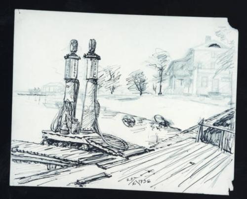 Untitled (gas pumps on a wharf)